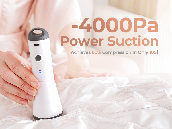 Text reads 'Power Suction -4000Pa'. Demonstration of vacuum device on white fabric surface, showing suction power capability.