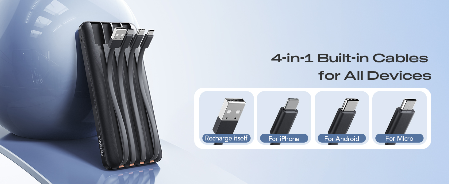 Text reads '4-in-1 Built-in Cables for All Devices.' Coiled black charging cable with multiple connector types (USB-C, Lightning, Micro-USB) integrated into single universal multi-device charging solution.