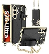 LIDEEYA for Samsung Galaxy S26 Ultra Case with Gold Frame Card Holder Metal Chain Finger Ring Ant...