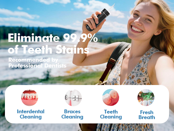 Text reads 'Eliminate 99.9% of Teeth Stains' with four circular icons showing 'Professional cleaning', 'Generic brush', 'Teeth Sensitivity', and 'Fresh breath'.