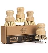 SAMEBUTECO 6-Piece Bamboo Dish Brush Set with Fast-Dry Stainless Steel Holder,3xNatural Sisal Bri...