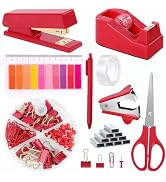 Office Supplies,Red Desk Accessories,Stapler and Tape Dispenser Set with Stapler,Tape Dispenser,S...