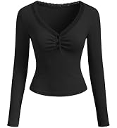MEROKEETY Women's 2026 Fall Long Sleeve Tops V Neck Lace Trim Ruched Ribbed Button Henley Shirts ...