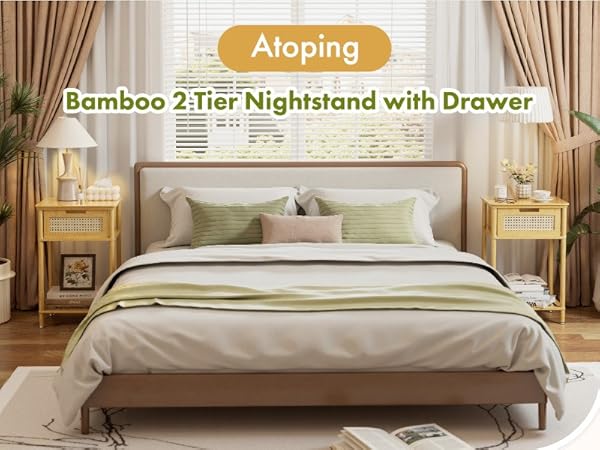 Bamboo 2 Tier Nightstand with Drawer, End Table with Open Shelf, Bedside Table