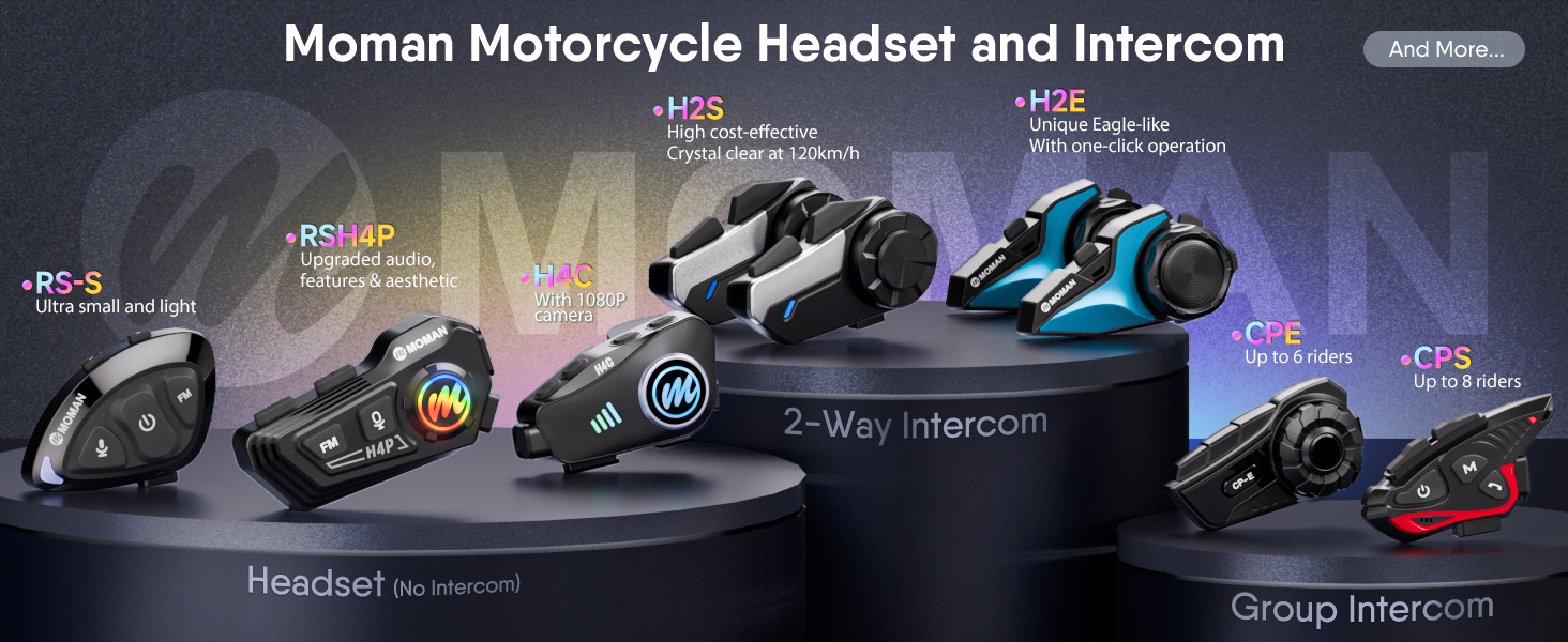 Text reads 'Moman Motorcycle Headset and Intercom', '2-Way Intercom', 'Group Intercom'. Product showcase of motorcycle communication devices in various colors.