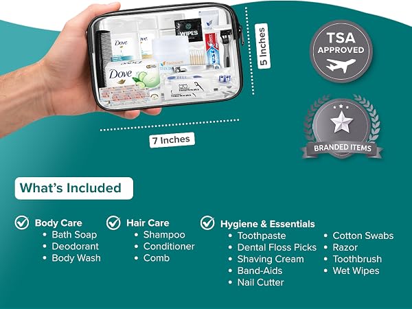 Hand holding 7x5 inch travel hygiene kit with body, hair, and oral care essentials.