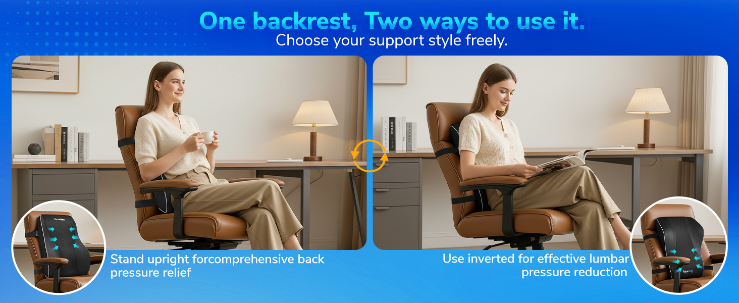 Text reads 'One backrest. Two ways to see it.' Dual monitor setup with ergonomic chair showing different viewing configurations for computer workstation.