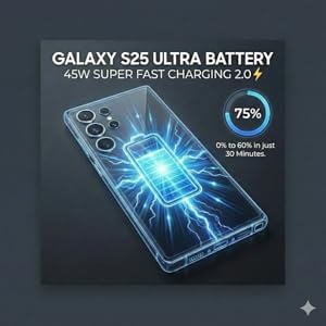 45W Super Fast Charging 2.0 for Galaxy S25 Ultra, charges 0 to 60 percent in just 30 minutes.