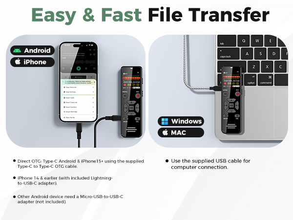 L359 connects directly to phone or computer for file transfer. Work with Android, iOS, Windows, Mac