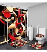 Chrainy 4pcs 3D Geometric Shower Curtain Set for Bathroom Abstract Red Gold Black Bathroom Decor ...