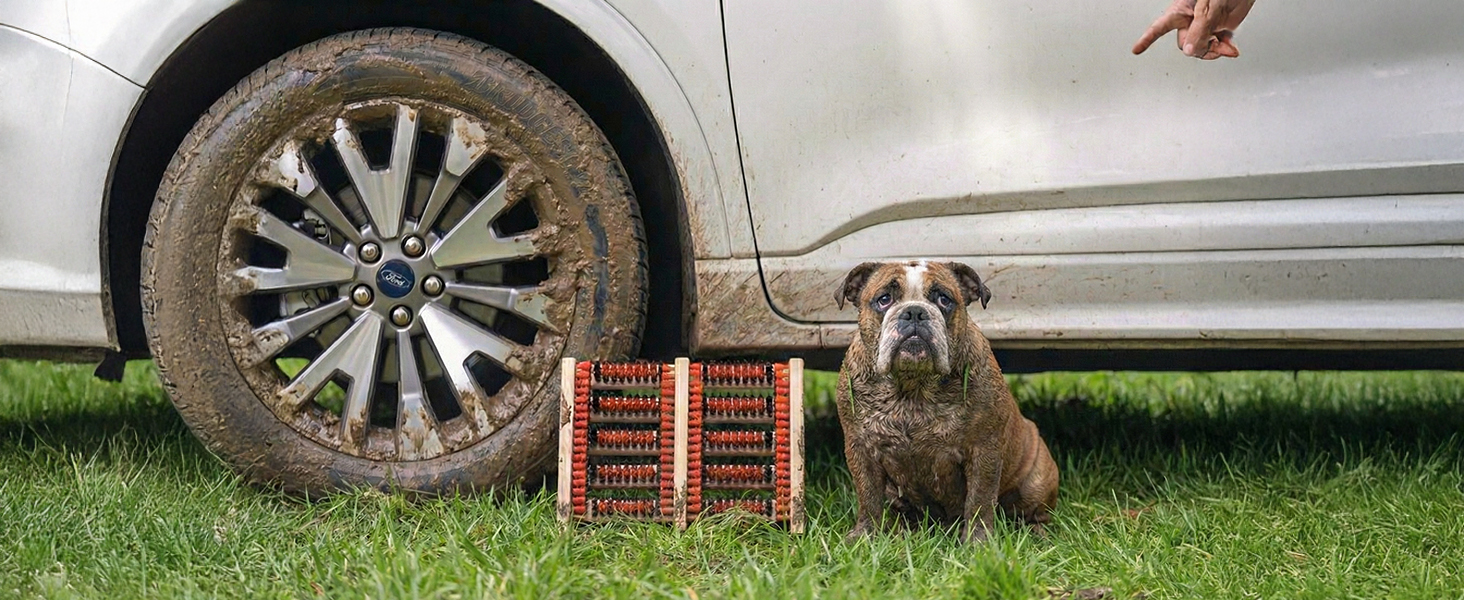 boot brush against SUV with dirty bulldog looking guilty