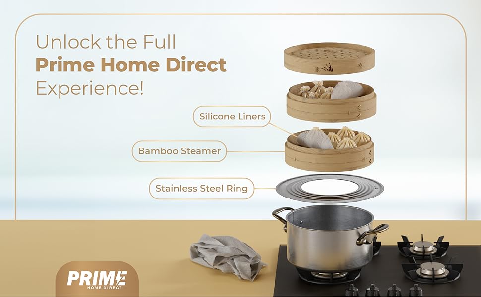 Silicone liners, bamboo steamer, stainless steel ring.
