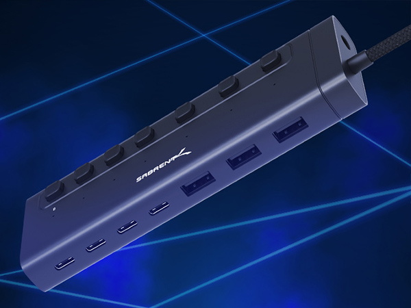 USB-C hub visualized in a futuristic setting with mobile-focused branding
