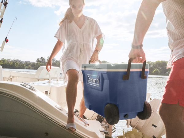 blue navy white gray classic coleman cooler handles portable easy durable clean stylish boat day