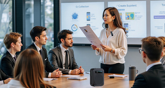 Business meeting scene in modern office space with presentation screen visible in background. Professionals seated around conference table engaged in discussion.
