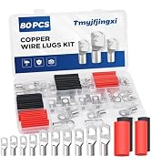 Tmyjfjingxi 80PCS Copper Wire Lugs Battery Cable Ends Assortment AWG 2 4 6 8 10 12 Gauge Wire Con...