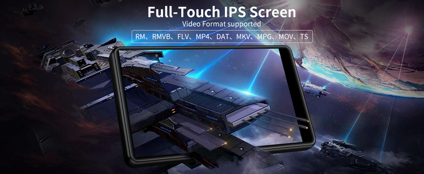 Full-touch IPS screen tablet device with spaceship graphics. Supports multiple video formats including AVI, RMVB, FLV, MP4, DAT, MPG, VOB, and TS.