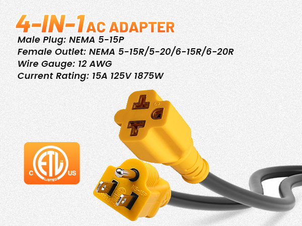 NEMA 5-15P to 5-15R/ 5-20R/ 6-15R/ 6-20R, 4 in 1 AC Adapter