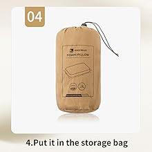 Tan storage bag for foam pillow. Label shows '04' and instructions 'Put it in the storage bag'. Drawstring closure visible at top.