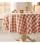 Softalker Fall Checkered Tablecloth 70 x 70 Inch Round, Heavy Weight Linen Cotton Gingham Thanksg...