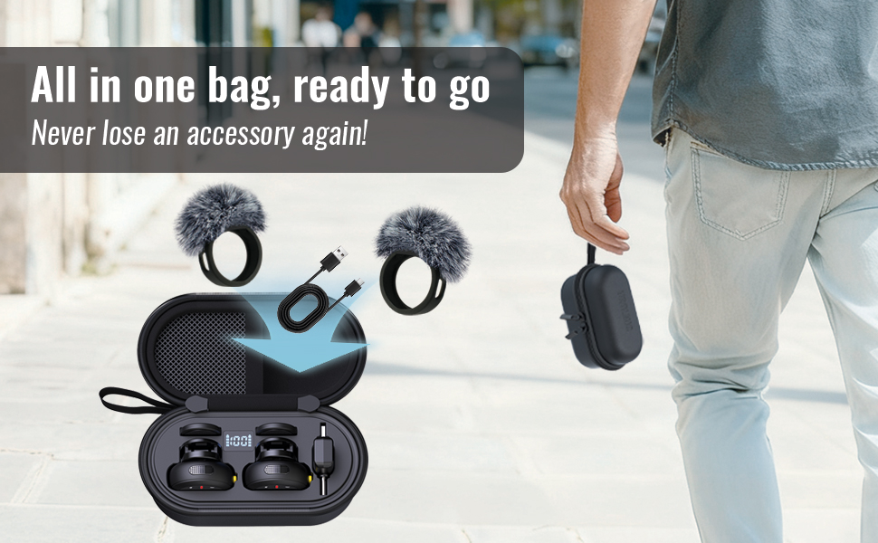 Text reads: 'All in one bag, ready to go Never lose an accessory again'. Black earbud charging case with wireless earbuds and carrying accessories shown.