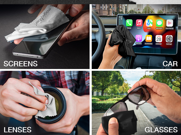 Use on screens. In the car. On camera lenses and on sunglasses or reading glasses.