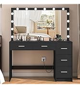 FIONESO 47.2" Large Vanity Desk with Mirror &amp; 14 LED Lights, Makeup Vanity Table with 5 Drawers &amp;...
