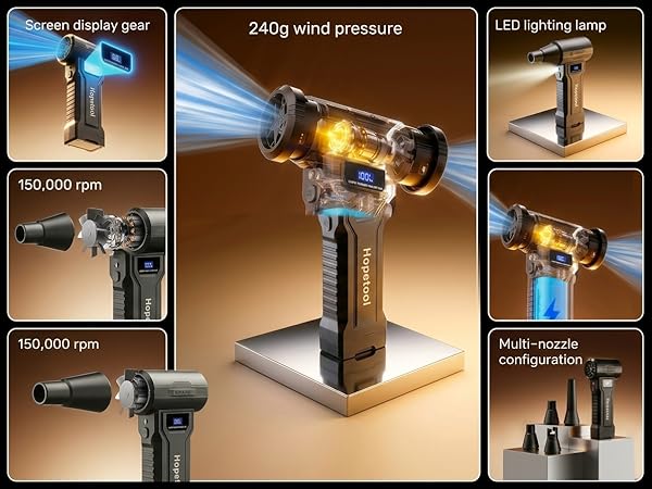 Hopetool fan features: digital screen, LED light, 150K RPM motor, 2600mAh battery, nozzles