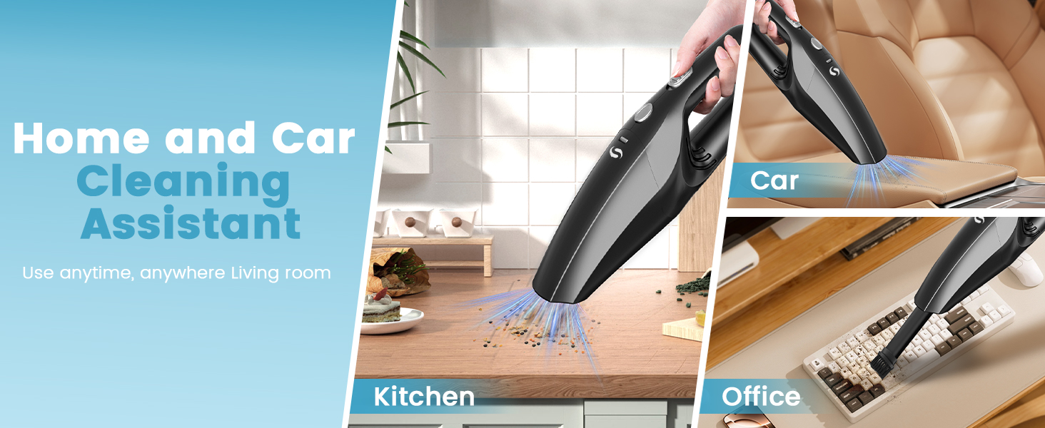 Handheld vacuum cleaner shown in multiple settings: car interior, kitchen countertop, and office desk, emphasizing versatile cleaning capabilities.