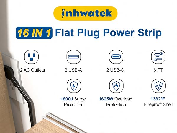 6ft flat face outlet extender with usb-c 20w fast charging