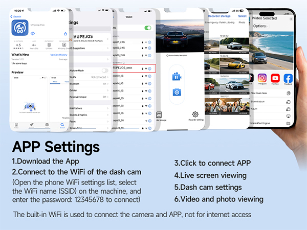 Text reads 'APP Settings'. Mobile app interface screenshots showing various menu settings and configuration options for device connectivity.