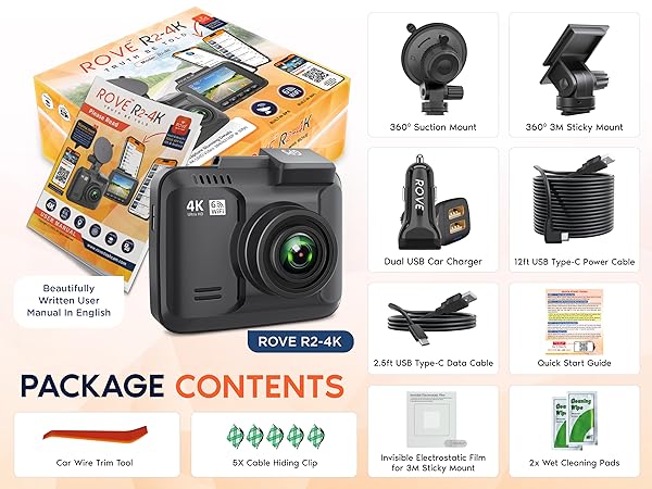 rove dash cam package contents, dash cam front and rear, dashcams for cars