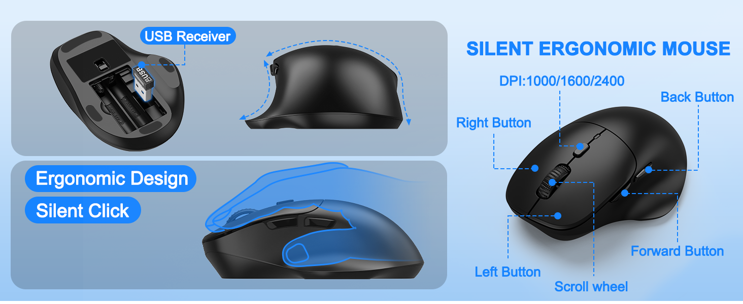 Wireless Keyboard and Mouse, Comfort Ergonomic Palm Rest Keyboard Mouse Combo Phone Holder