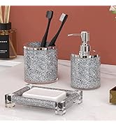SHYFOY Bathroom Accessories Set, 3 Piece Silver Crystal Crushed Diamond Bathroom Accessory Decor ...
