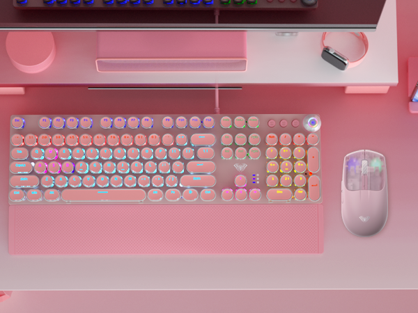 pink keyboard cute rainbow backlit keyboard usb wired retro mechanical keyboard full size
