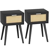 LAATOOREE Nightstand Set of 2, Small End Table with Rattan Door, Bedside Table with Solid Wood Fe...