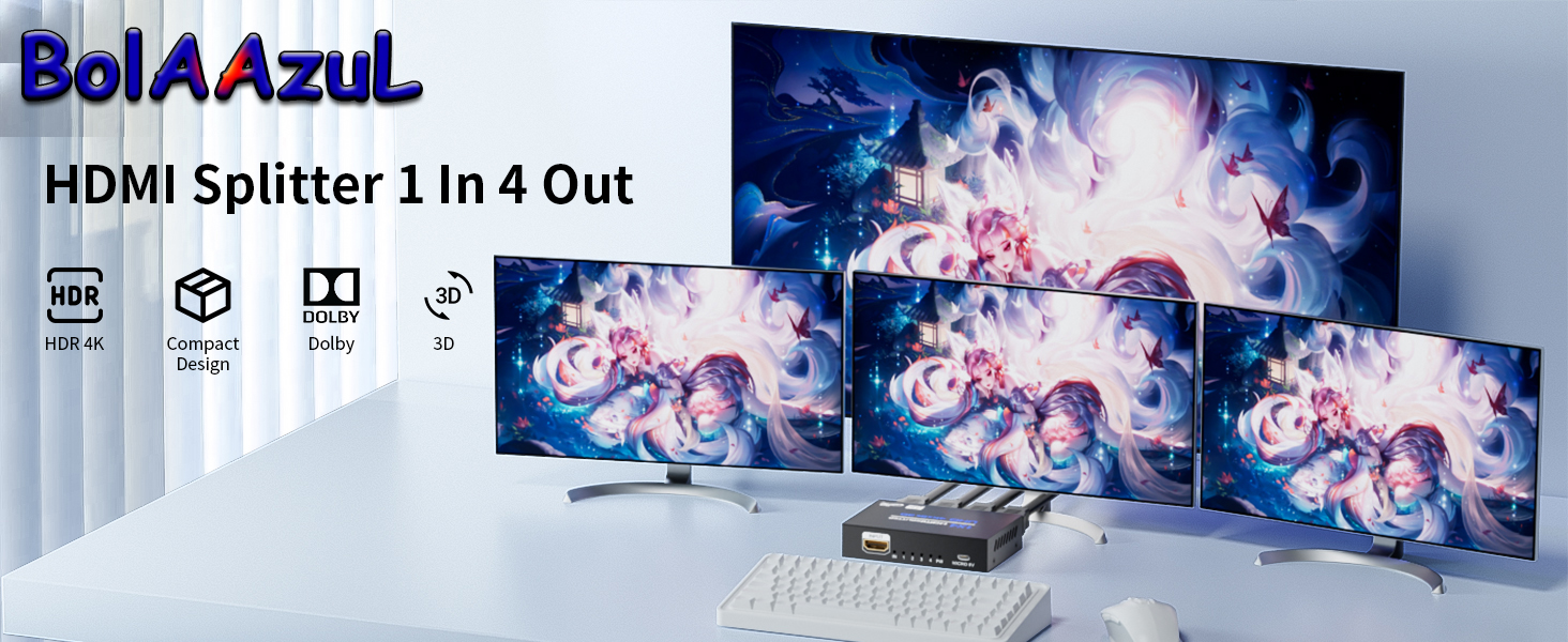 HDMI Splitter 1 in 4 Out 4k 1x4 Power HDMI Splitters 4 Ports w/AC Adapter 4Kx2K@30Hz 3D