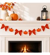 Knomeko Fall Decorations for Home 6Ft Pumpkin Garland with Velvet Bows | Felt Fall Bow Garland Au...