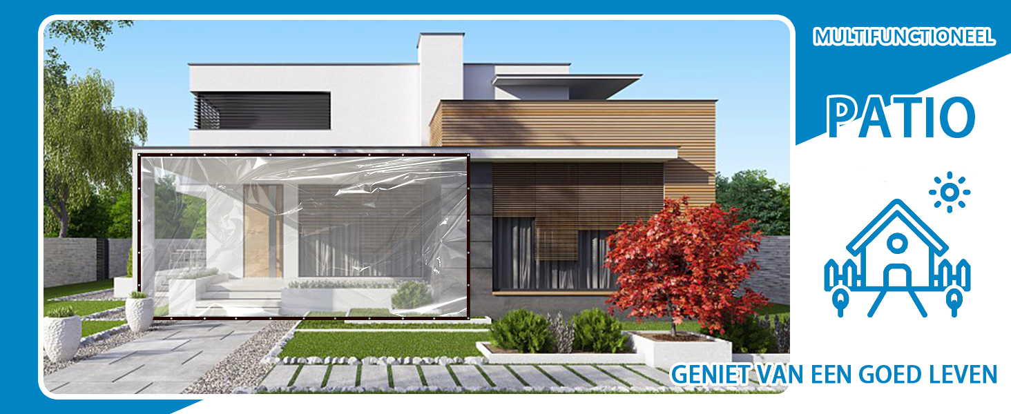 Modern architectural rendering of a contemporary house with mixed materials, featuring large windows and wooden accents, with patio-related icons.