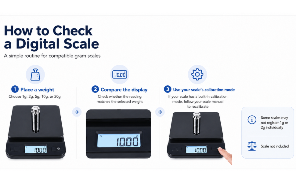 Three-step routine: place a weight, compare display reading, use scale calibration mode