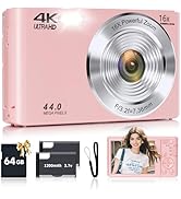 Digital Camera, FHD 4K Autofocus Digital Camera Pink with 64GB SD Card 16X Zoom, 2026 Upgraded Co...