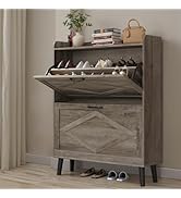 iabifo 3-Tier Shoe Rack Organizer Entryway, Shoe Storage Cabinet with 2 Flip Drawers, Open Shelve...