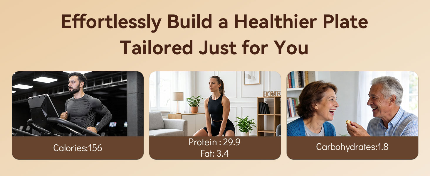Text reads 'Effortlessly Build a Healthier Plate' and 'Tailored Just for You'. Three thumbnail images show food preparation and meal planning scenarios with labels below.