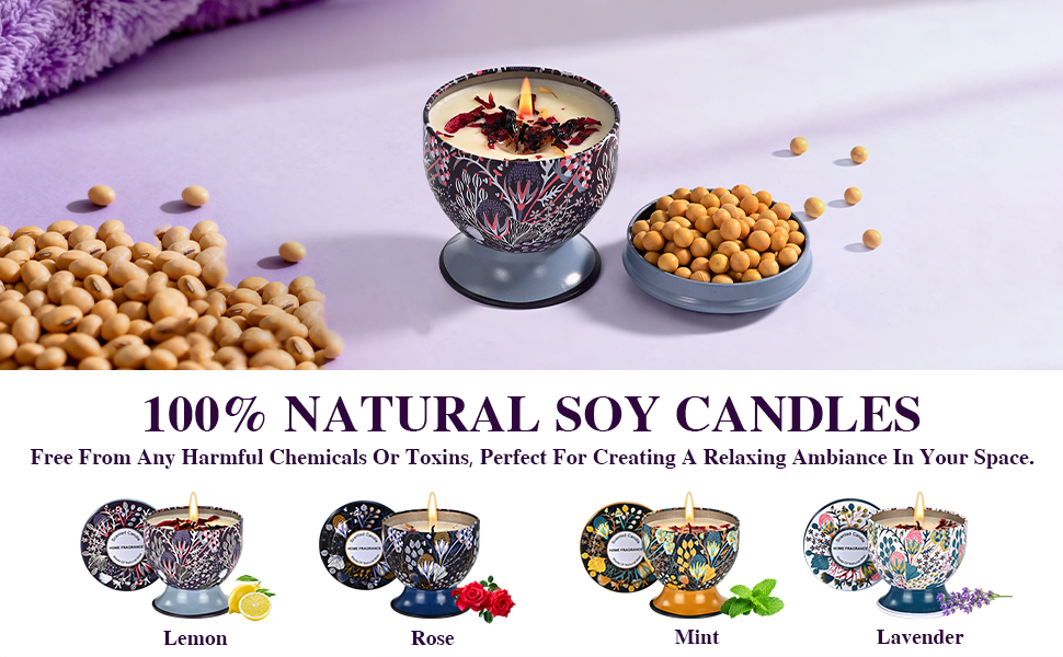 Text: '100% NATURAL SOY CANDLES'. Product display showing decorative candle in textured bowl with scattered nuts. Four variant designs shown below with different seasonal themes.