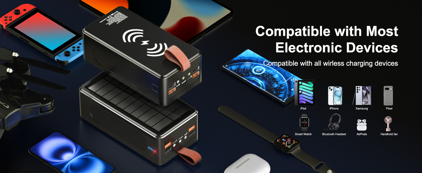 90000mAh Power Bank Solar Wireless Charger, PD 35W Fast Charging USB-C Portable Power Station