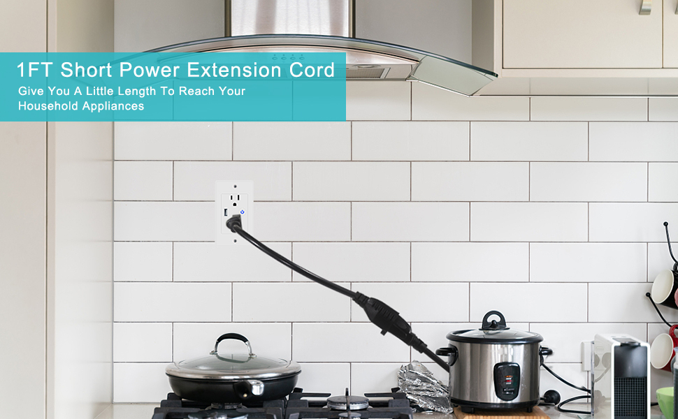 Short 3 Prong Extension Cord Indoor SJT 16 AWG Heavy Duty 1 Foot AC Power Extensions Cable 