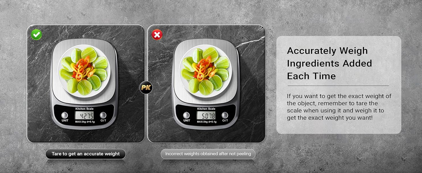 Food scale with tare function weighs digital grams and ounces