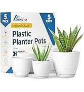White Gray Plant Pots with Drainage Holes &amp; Saucers 5 Pack, Indoor &amp; Outdoor Stackable Space-Savi...
