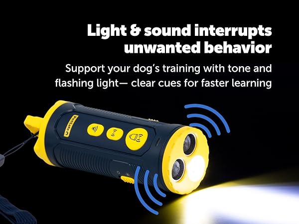 PetSafe Collarless Trainer flashes light and emits sound to deter unwanted dog behavior. 