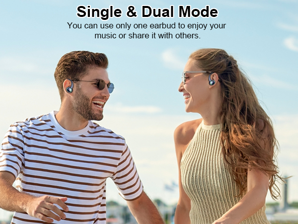Text reads 'Single &amp; Dual Mode', 'You can use only one earbud to enjoy your music or share it with others.' Images showing wireless earbud usage scenarios.
